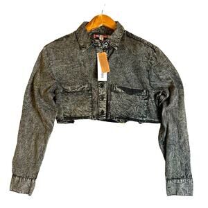 Urban Outfitters Shacket Womens Crop Cutout Denim Shirt Acid Wash Biker Grunge